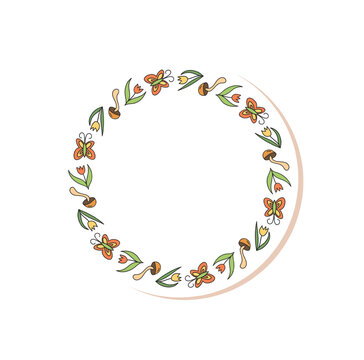 Cute camping doodle circle sticker frame shows outdoor nature and adventure with colorful summer camp theme. Hiking elements and color shape give outdoor fun style, ideal for adventure patch or camp