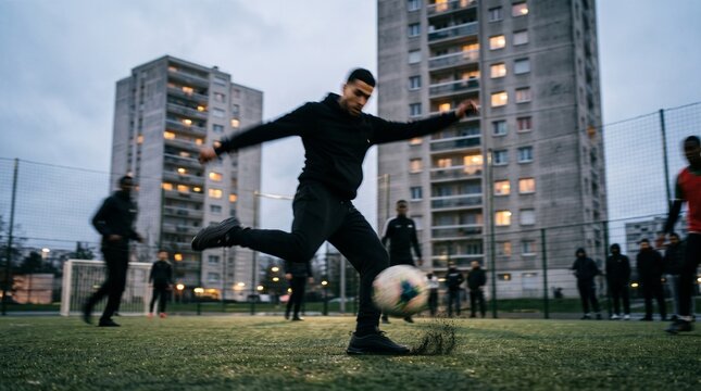 Soccer Player Kicking Ball in Urban Courtyard at Dusk