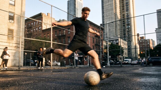 Soccer Player Kicking Ball on Urban Rooftop Court