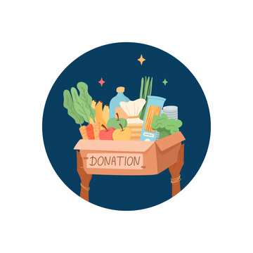 Circular charity icon with food box. Hands lift a donation gift as people help the needy. Concept of share and support for community care and hope. Flat sticker style for charity patch donate lid