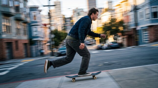 Man Skateboarding Down Urban City Street