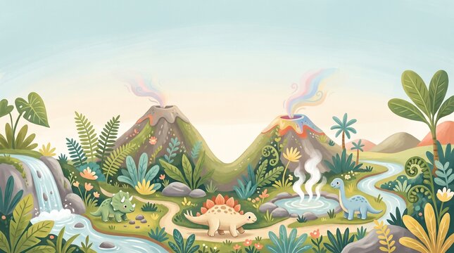 Prehistoric Landscape with Dinosaurs and Volcanoes &ndash; Fantasy World