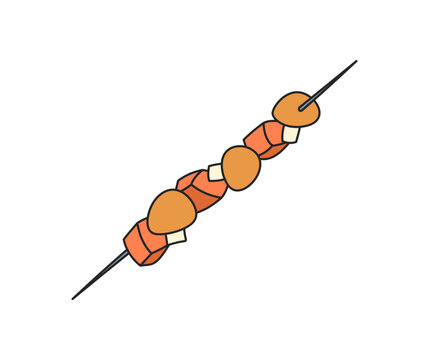 Camping skewer cartoon hand drawn icon in color sketch style. Skewer rests by campfire in outdoor adventure scene, ideal for picnic. Marshmallow and camp fun as part of graphic doodle drawing.