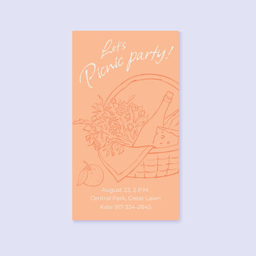 Summer travel invitation design with hand drawn line icon picnic and flower. Pink bottle wine party card for italian social media invitation and whimsical travel summer design.