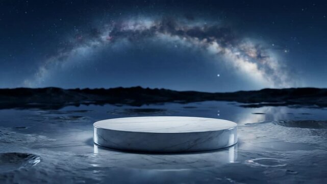 Marble podium glowing under milky way arch over reflective surface for luxury product display