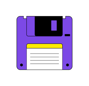 Cool y2k retro floppy disk icon cartoon graphic style. Nostalgia and technology blend in this purple patch and diskette motif. Fun pop accent for vintage or trendy themes.