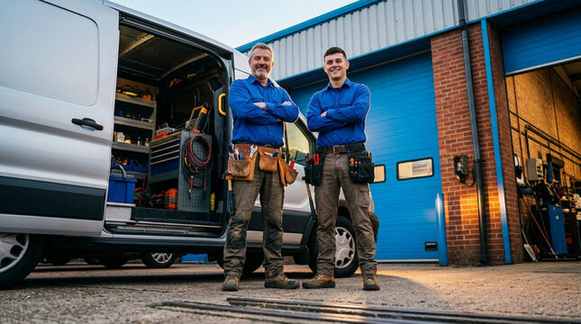 Two male tradesmen in blue uniforms and tool belts standing with crossed arms by a white service van parked in front of an industrial unit with a large blue metal door.