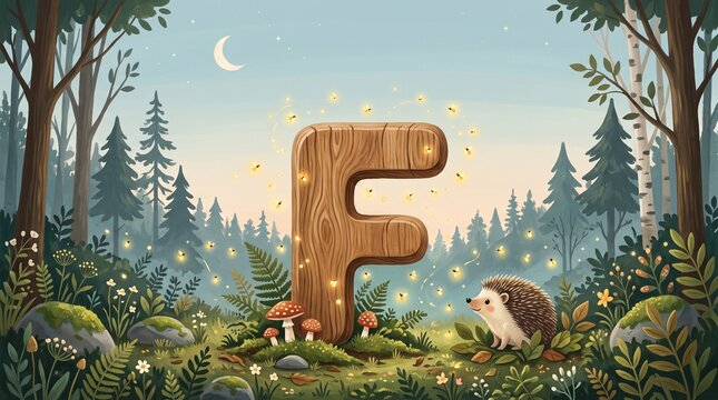 Wooden Letter F in Enchanted Forest with Hedgehog and Fireflies