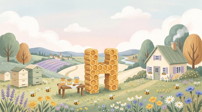 The Letter H Made of Honeycomb in a Bee Farm Landscape