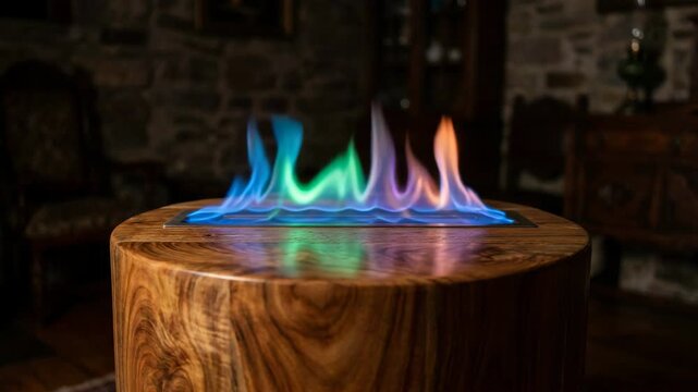 Colorful multicolored flames burning and flickering on wooden stump table in rustic interior for fire and decoration content