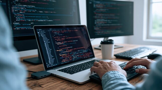 Programmer and developer coding software on a laptop in a modern tech workspace