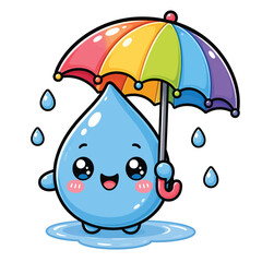 Obraz premium Cute Cartoon Water Drop Character Standing in a Puddle Holding a Colorful Rainbow Umbrella During a Rainy Day