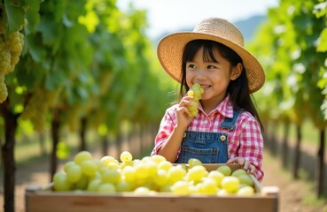Obraz premium Asian child girl wears straw hat, eats fresh green grapes. She helps collect harvest in vineyard, puts fruit into wooden crate for sale. Summer farming scene.