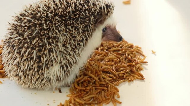 African pygmy hedgehog food.Dried insects in the diet of hedgehogs. Prickly cute pet. 4k footage