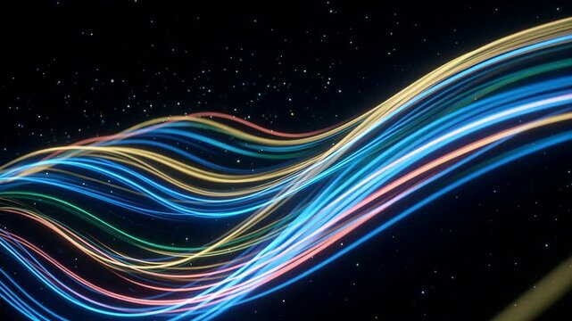 Colorful neon light streams flowing and waving on dark background for technology and data intro