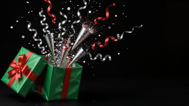Green gift box explodes with red silver confetti against a black background.