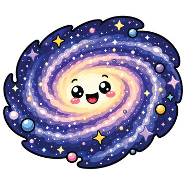 Cute Cartoon Spiral Galaxy Illustration Featuring A Friendly Smiling Face With Colorful Stars And Glowing Space Planets