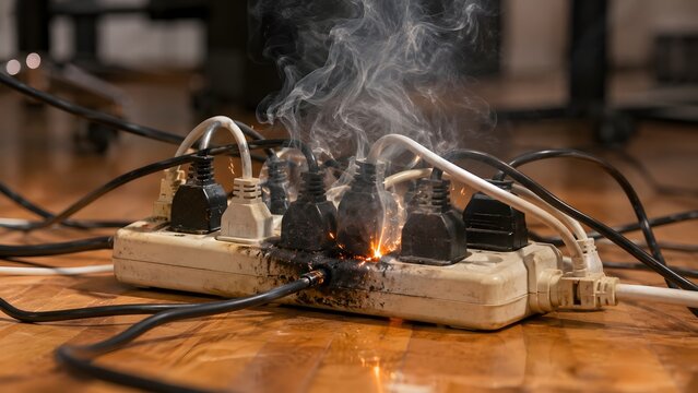 Electrical hazard, power strip overloaded with burning plugs. Danger of electrical fire in a room