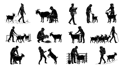 Fototapeta premium Black silhouette vector set of farmers and people interacting with goatie farm animals including feeding walking herding and petting domestic livestock isolated on white background.
