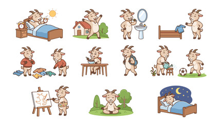 Fototapeta premium Cute cartoon goatie character daily routine vector set featuring waking up brushing teeth eating playing soccer sleeping and painting activities isolated on white background.