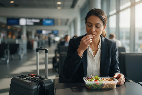 Business woman airport travel luggage meal lunch salad healthy terminal waiting business woman airport travel luggage meal lunch salad healthy terminal waiting focused Mindful eating concept