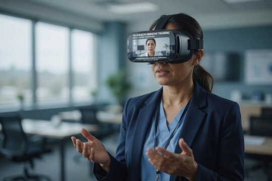 Asian woman virtual reality vr headset healthcare training telehealth empathy medical education technology office simulation Asian woman uses virtual reality Virtual reality education concept