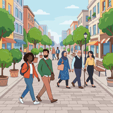 People walk through a car-free city street with trees and shops in a busy urban area during the daytime