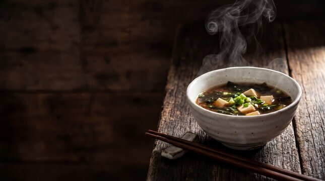 Japanese cuisine, a steaming bowl of miso soup with chopsticks rests on a dark wooden table