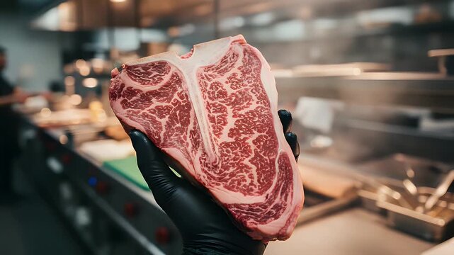 Professional chef wearing black gloves carefully holds a thick raw marble t bone steak before cooking it in a modern commercial restaurant kitchen environment setup
