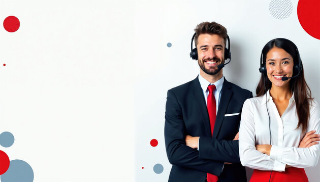 Pro man, woman wear headsets for customer service support. Smiling support agents stand against white background with red circles. Business team offers help desk communication remote consulting.