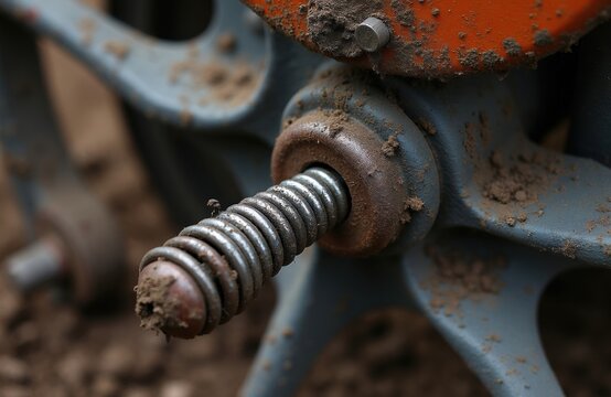 Close up metal spring cotter pin on cultivator axis in field. Dusty mechanical part of soil tillage machine for agriculture work. Rusty equipment component on farm tractor unit during spring planting