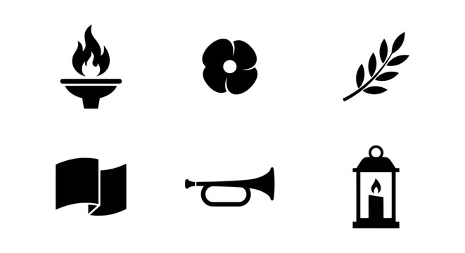 Memorial Icons Set: Torch, Poppy, Laurel, Flag, Bugle, Lantern, Remembrance Symbols