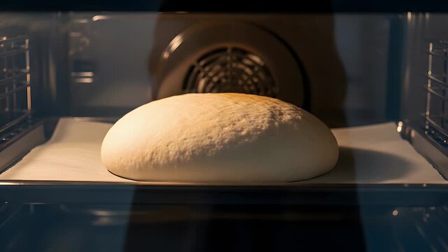 Round loaf of fresh sourdough bread baking inside a modern kitchen oven viewed through the glass window during the heating process in a home kitchen