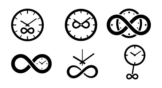 Infinity Clock Icons, Infinite Time Symbols, Timelessness Vector Graphics, Eternity Concepts