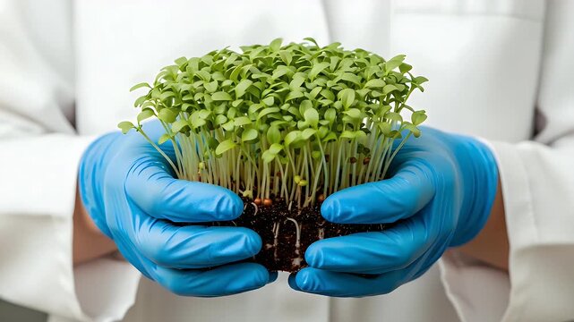 Scientific researcher holding a clump of fresh green microgreens in blue rubber gloves while conducting a laboratory experiment focused on plant biology and sustainable organic farming