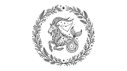Obraz premium Celestial sea goat zodiac symbol with floral wreath illustration