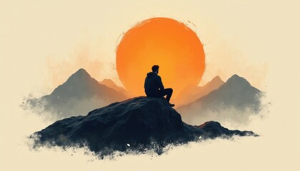 Naklejka premium Young man sits alone on mountain rock at sunset. Silhouette of male person enjoys quiet view of orange sun above clouds. Peace, solitude define nature scene. Travel hiker relaxes during evening