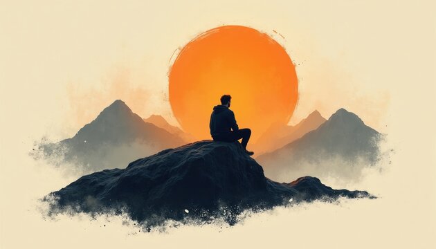 Young man sits alone on mountain rock at sunset. Silhouette of male person enjoys quiet view of orange sun above clouds. Peace, solitude define nature scene. Travel hiker relaxes during evening
