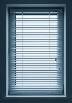 A single horizontal window blind hangs against a clean white frame, filtering soft daylight into a modern room with minimal shadows, glass, indoor, interior