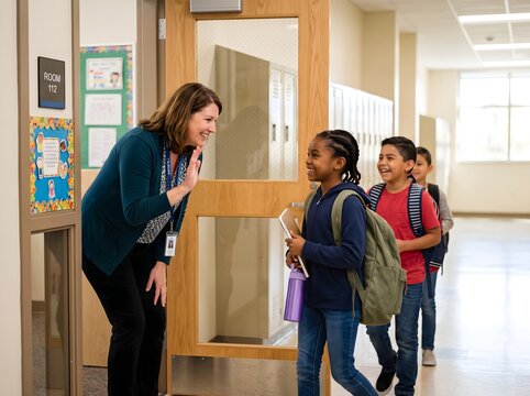 Friendly teacher waving at diverse elementary students entering the classroom during a bright morning school day
