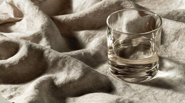 Clear glass tumbler on textured beige linen with soft natural light, draped fabric and copy space