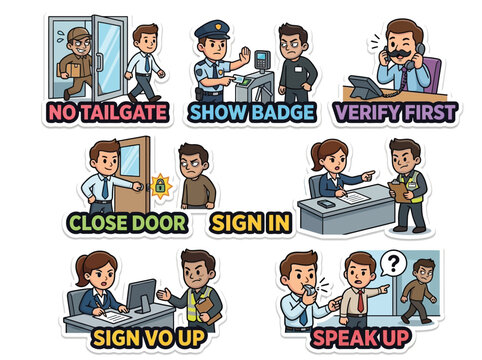 Social Engineering Tactics Vector Sticker Sheet, Tailgating and Pretexting Cartoon Icons for Office Security Training