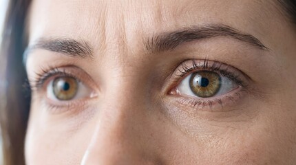 Naklejka premium Detailed macro view showing beautiful human brown eye staring forward reflecting authentic natural vision and genetic beauty.