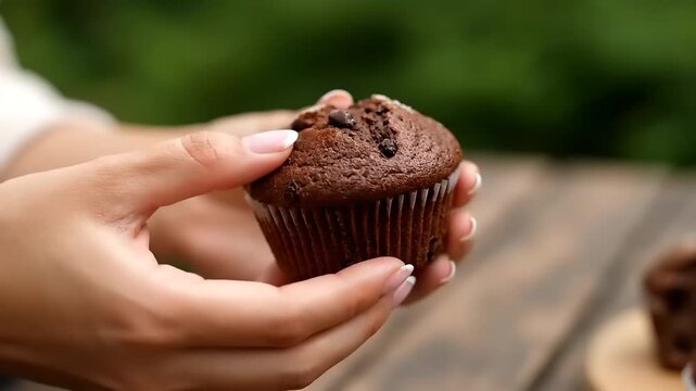 Close-up hands holding a delicious chocolate muffin, highlighting its rich texture and tempting sweet appeal. A delightful baked treat for an indulgent moment outdoors