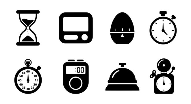 Time Management Icons: Stopwatch, Hourglass, Egg Timer, Digital Clock, Bell Timer