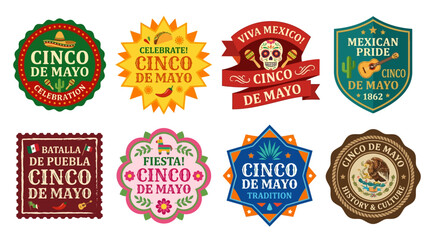 Obraz premium A vibrant Vector Set of colorful Cinco de Mayo labels and badges celebrating Mexican culture with festive designs and typography on a lively party background.