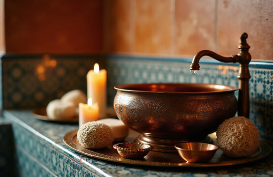 Traditional Turkish hammam bath setting features ornate copper bowl with scrubbing mitts on stone surface. Warm candle light illuminates metal basin near water faucet in wellness spa center. Relaxing