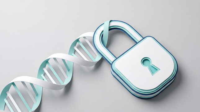 Telehealth Data Security Concept: 3D Paper Cut Padlock Securing DNA Helix for Medical Privacy Background