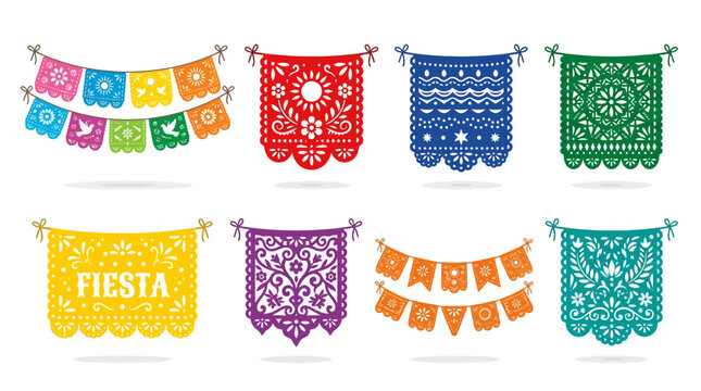 A vibrant Vector Set of colorful papel picado banners and flags for a lively Mexican Fiesta celebration decoration.
