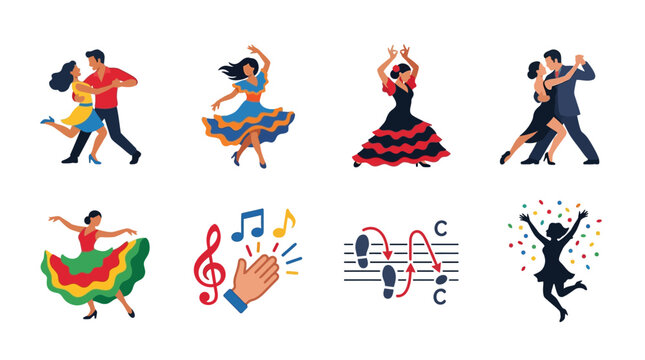 Vector Set of People Dancing Various Styles with Music Notes and Symbols